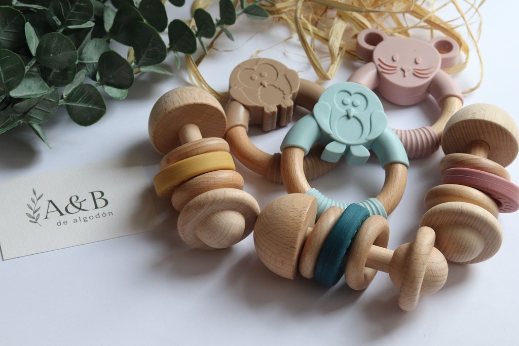 Pack Sensorial (Sonajero madera y mordedor) silicona) (Azul)